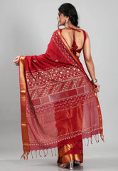 Maroon Colour Mangalagiri Cotton Kantha Saree With Blouse Piece - Adi Akshoy & Co.