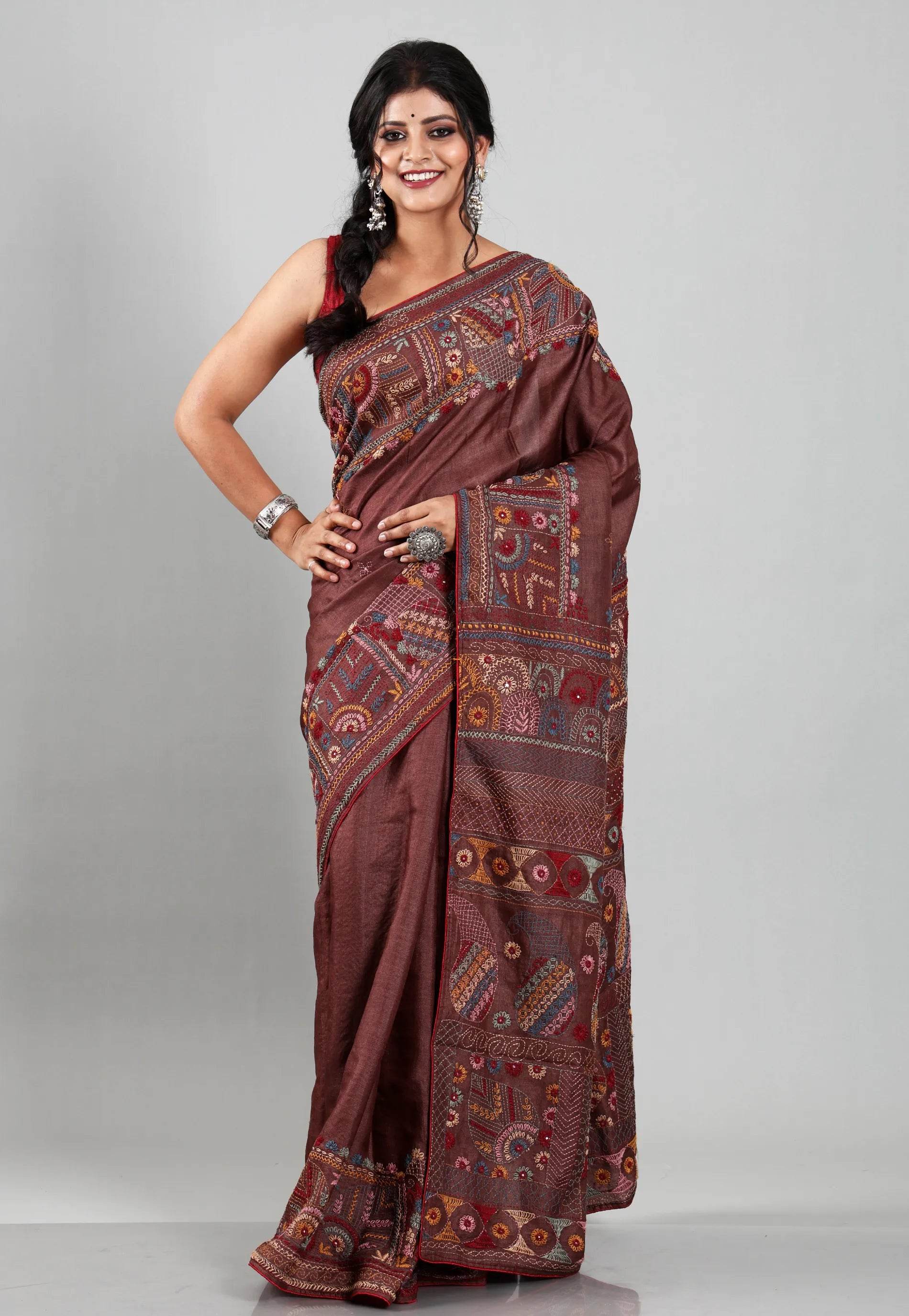 Brown Colour Pure Tussar Silk Kantha Saree With Blouse Piece - Adi Akshoy & Co.