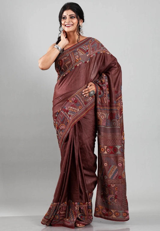Brown Colour Pure Tussar Silk Kantha Saree With Blouse Piece - Adi Akshoy & Co.