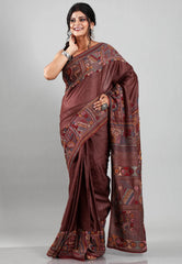 Brown Colour Pure Tussar Silk Kantha Saree With Blouse Piece - Adi Akshoy & Co.