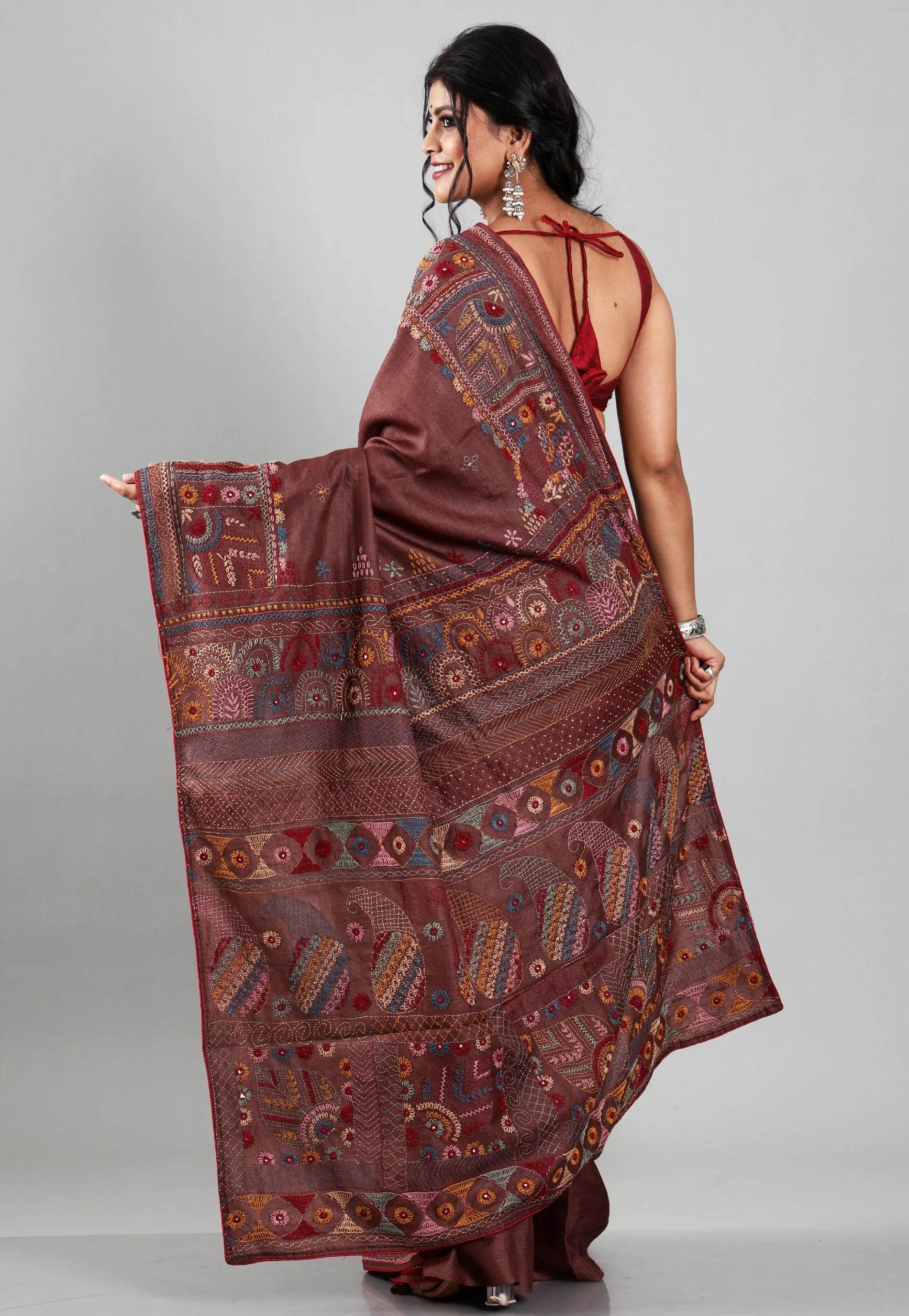 Brown Colour Pure Tussar Silk Kantha Saree With Blouse Piece - Adi Akshoy & Co.