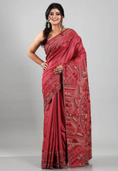 Dusky Red Colour Pure Tussar Silk Kantha Saree With Blouse Piece - Adi Akshoy & Co.
