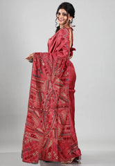 Dusky Red Colour Pure Tussar Silk Kantha Saree With Blouse Piece - Adi Akshoy & Co.