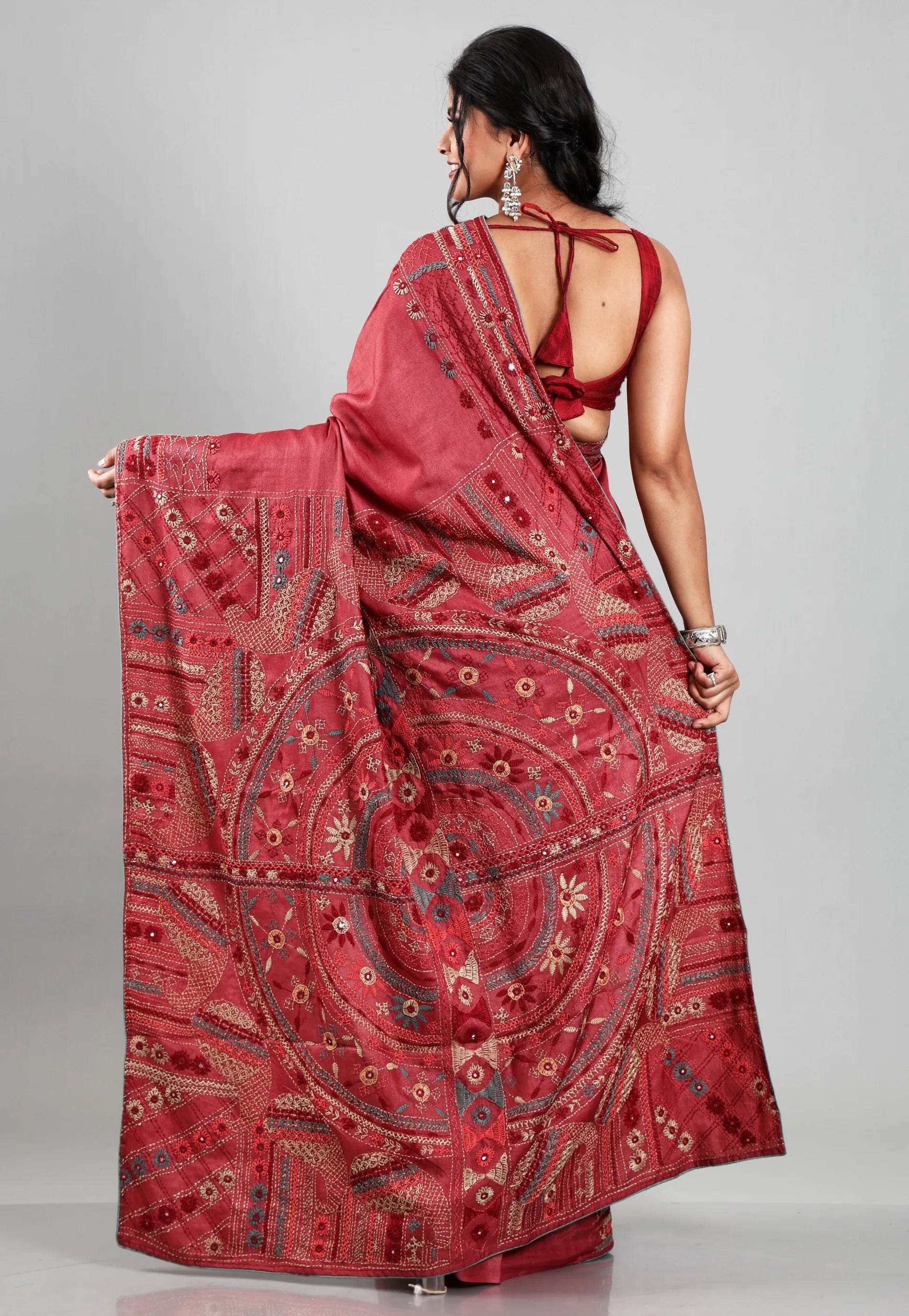 Dusky Red Colour Pure Tussar Silk Kantha Saree With Blouse Piece - Adi Akshoy & Co.