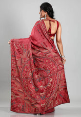 Dusky Red Colour Pure Tussar Silk Kantha Saree With Blouse Piece - Adi Akshoy & Co.