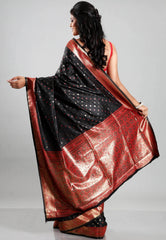 Black with Red Border Mashru Silk Saree with Blouse Piece - Adi Akshoy & Co.