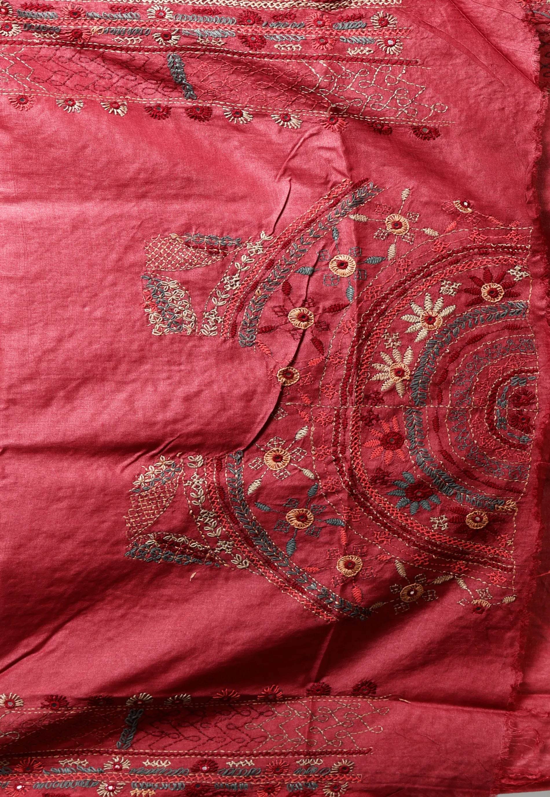 Dusky Red Colour Pure Tussar Silk Kantha Saree With Blouse Piece - Adi Akshoy & Co.
