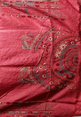 Dusky Red Colour Pure Tussar Silk Kantha Saree With Blouse Piece - Adi Akshoy & Co.