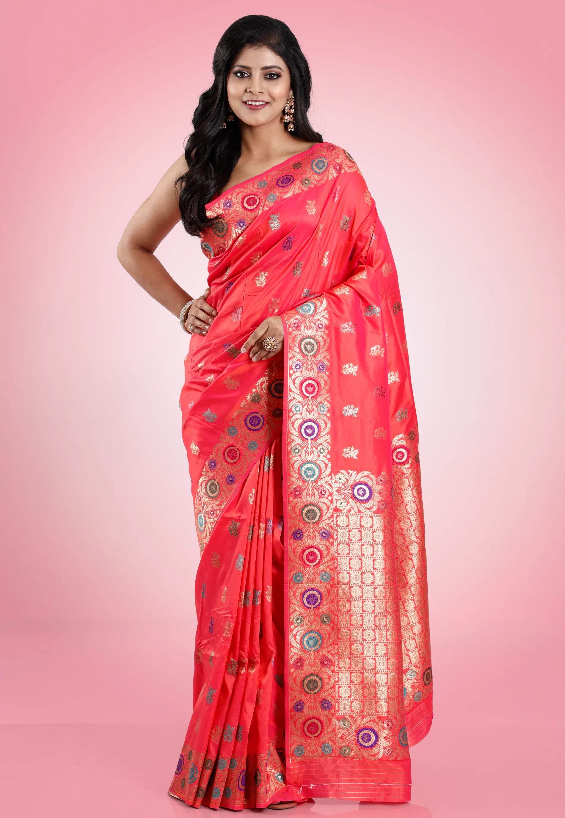 Cross Pink Minakari Kanjivaram Silk Saree With Blouse Piece - Adi Akshoy & Co.