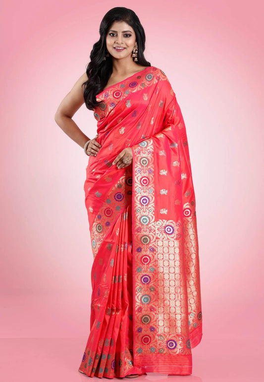 Cross Pink Minakari Kanjivaram Silk Saree With Blouse Piece - Adi Akshoy & Co.