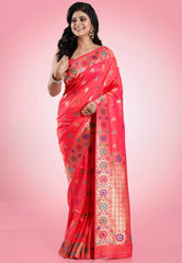 Cross Pink Minakari Kanjivaram Silk Saree With Blouse Piece - Adi Akshoy & Co.