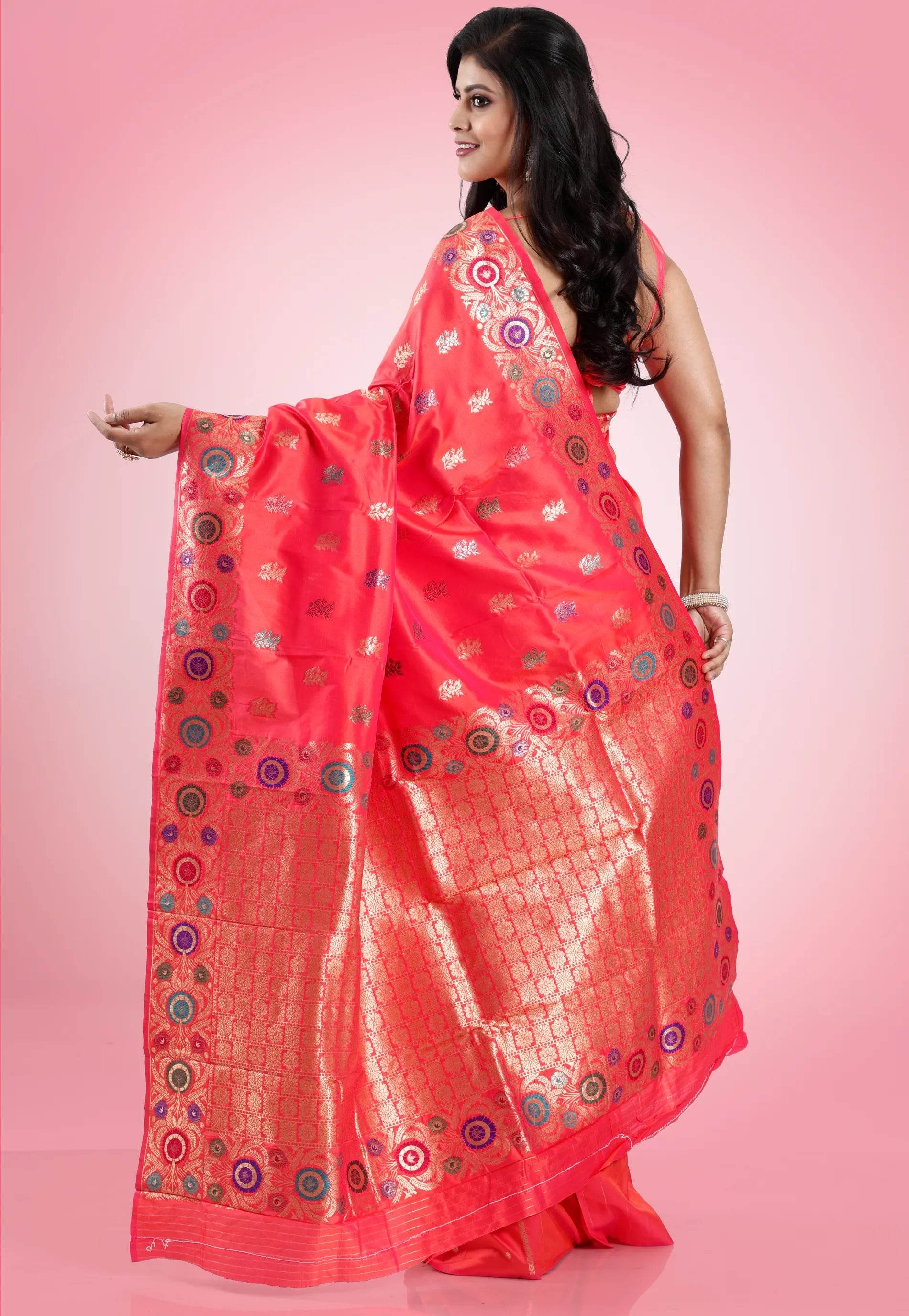 Cross Pink Minakari Kanjivaram Silk Saree With Blouse Piece - Adi Akshoy & Co.