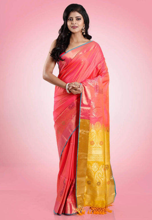 Cross Pink Katan Silk Saree With Blouse Piece - Adi Akshoy & Co.