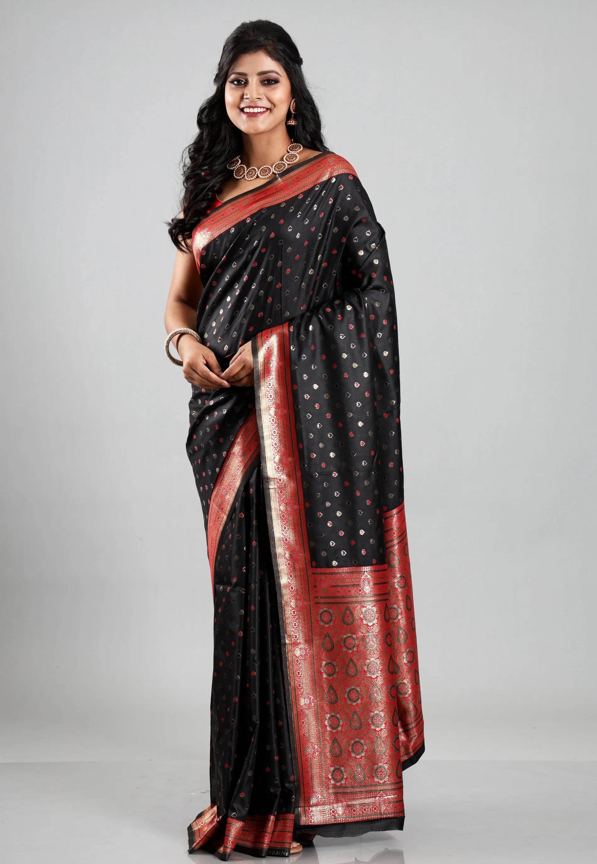 Black with Red Border Mashru Silk Saree with Blouse Piece - Adi Akshoy & Co.