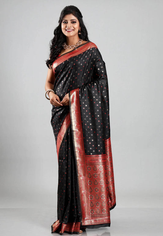 Black with Red Border Mashru Silk Saree with Blouse Piece - Adi Akshoy & Co.