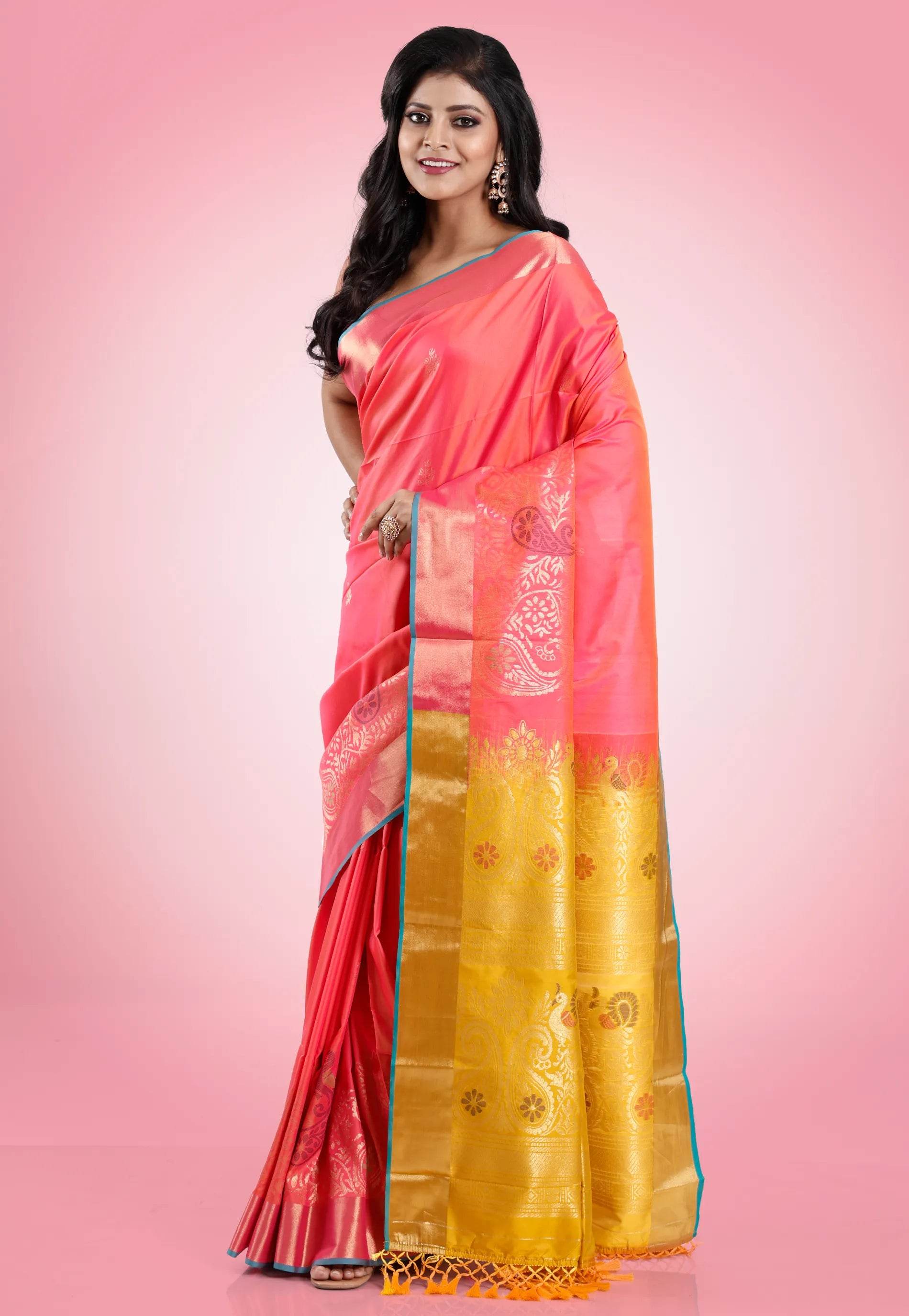 Cross Pink Katan Silk Saree With Blouse Piece - Adi Akshoy & Co.