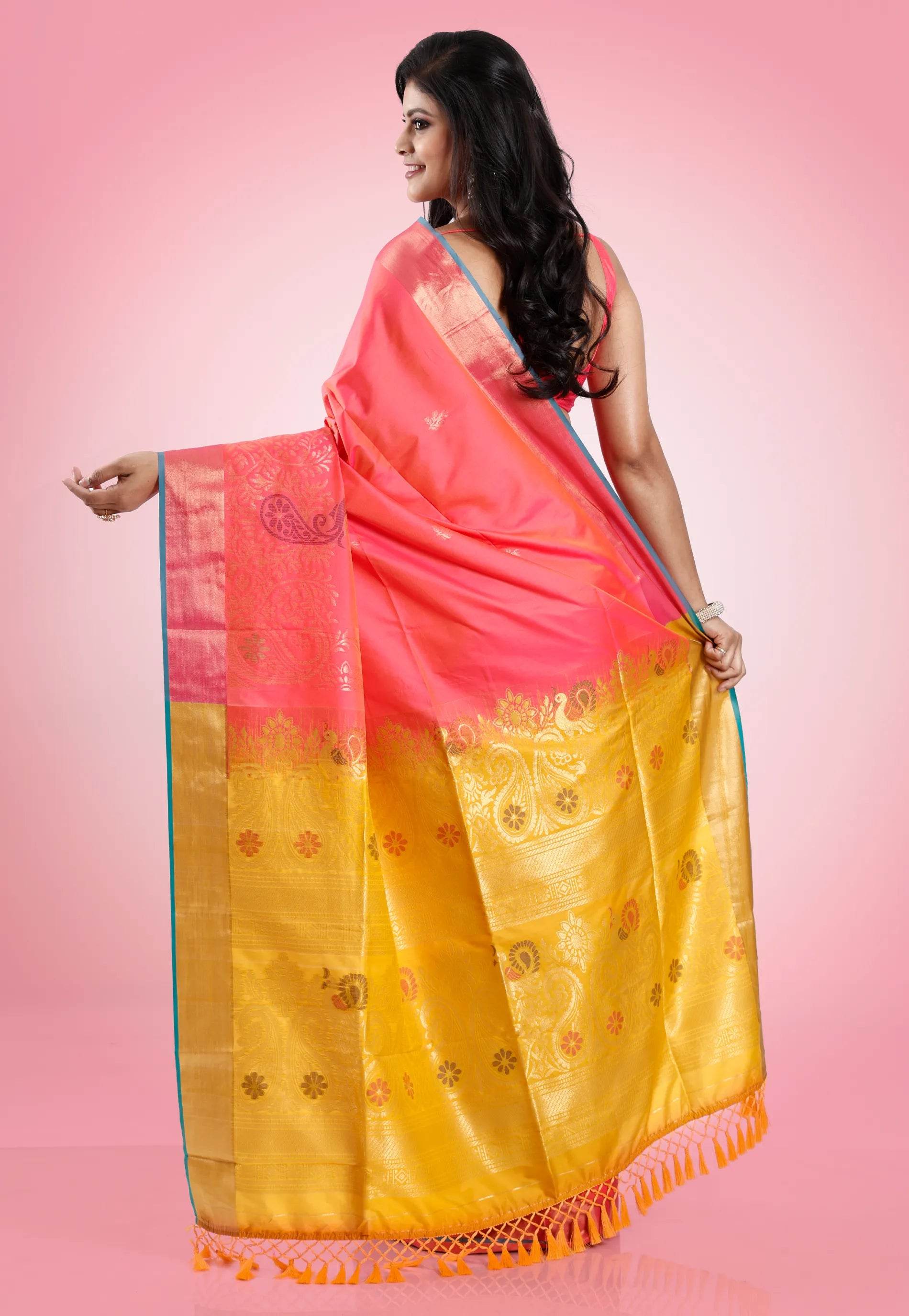 Cross Pink Katan Silk Saree With Blouse Piece - Adi Akshoy & Co.