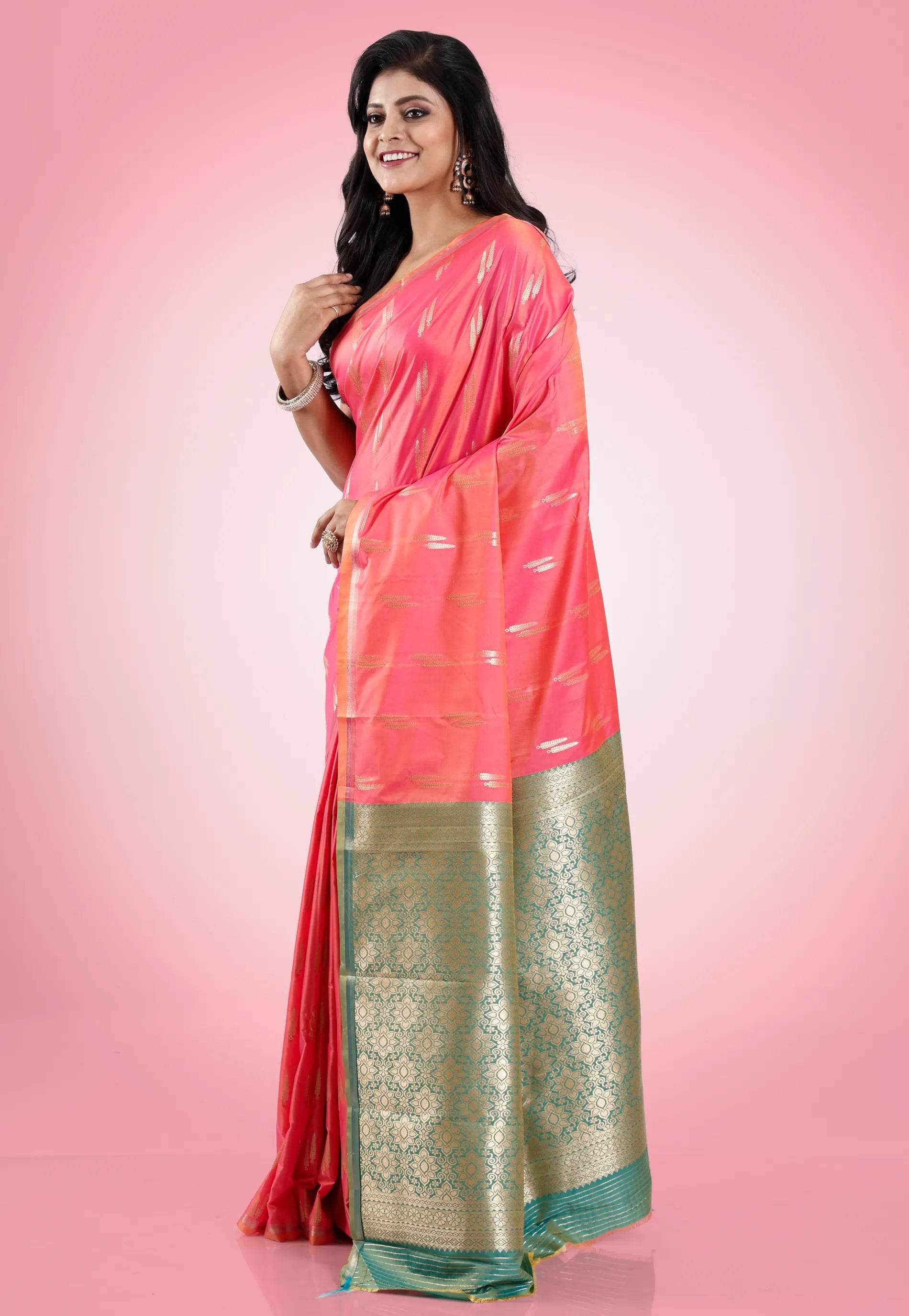 Cross Pink Kanjivaram Silk Saree With Blouse Piece - Adi Akshoy & Co.