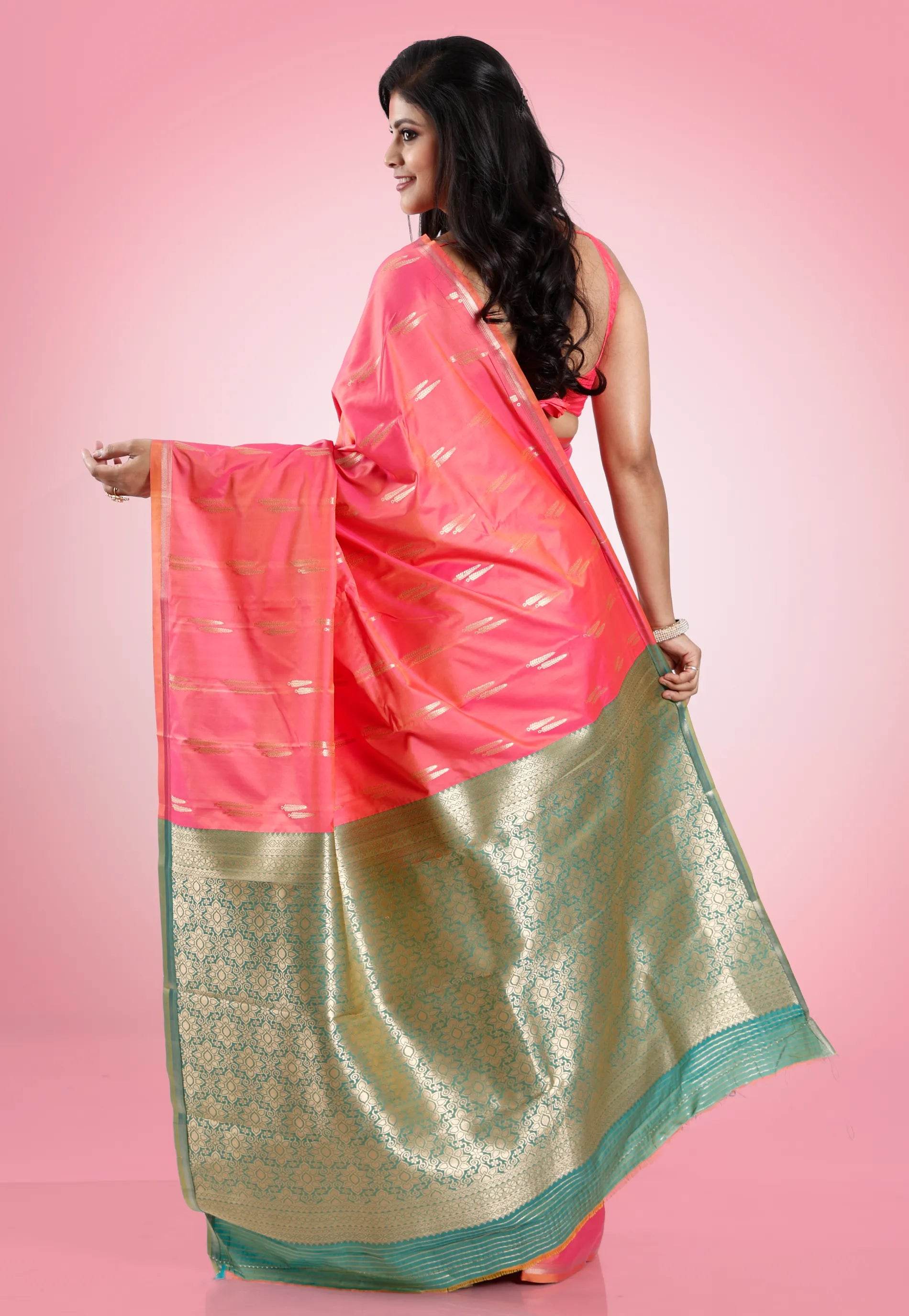 Cross Pink Kanjivaram Silk Saree With Blouse Piece - Adi Akshoy & Co.
