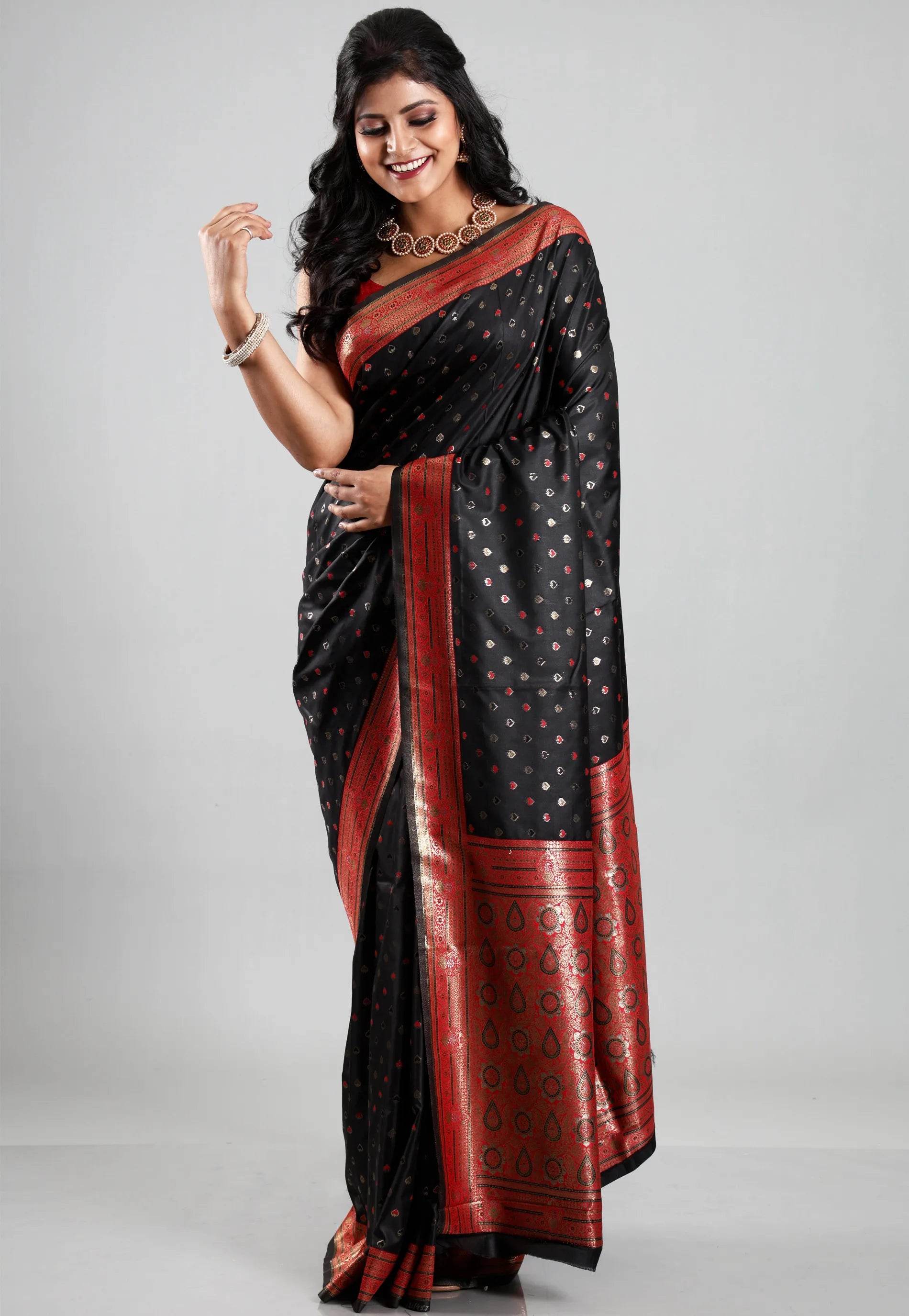 Black with Red Border Mashru Silk Saree with Blouse Piece - Adi Akshoy & Co.
