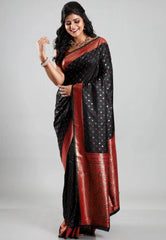 Black with Red Border Mashru Silk Saree with Blouse Piece - Adi Akshoy & Co.