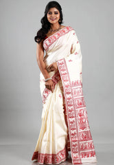 Off White Baluchari Pure Silk Saree with Blouse Piece - Adi Akshoy & Co.