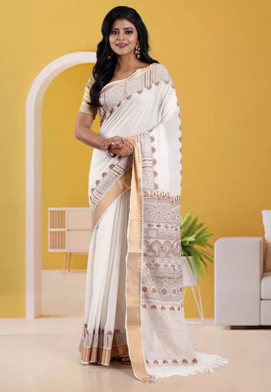 Offwhite Colour Mangalagiri Cotton Kantha Saree With Blouse Piece - Adi Akshoy & Co.