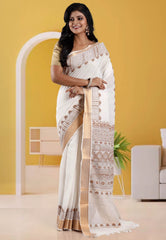Offwhite Colour Mangalagiri Cotton Kantha Saree With Blouse Piece - Adi Akshoy & Co.