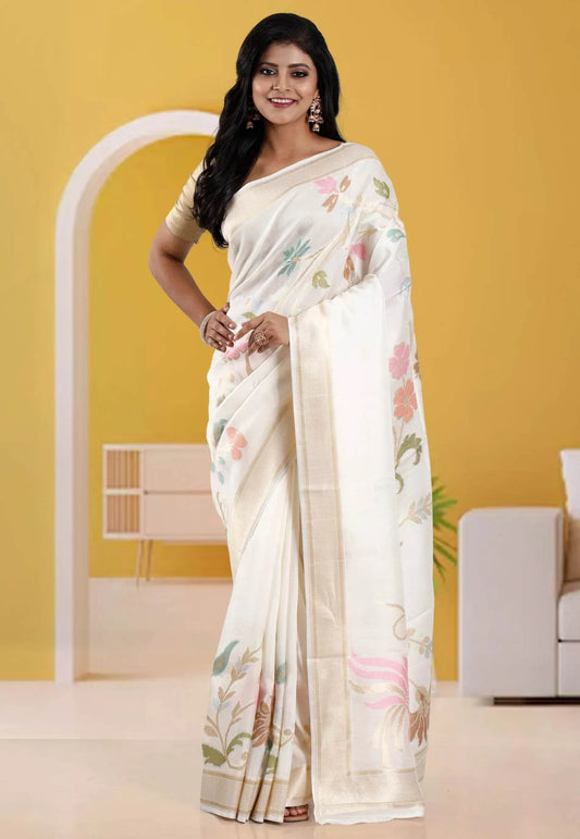 Off White Tussar Silk Saree with Blouse Piece - Adi Akshoy & Co.