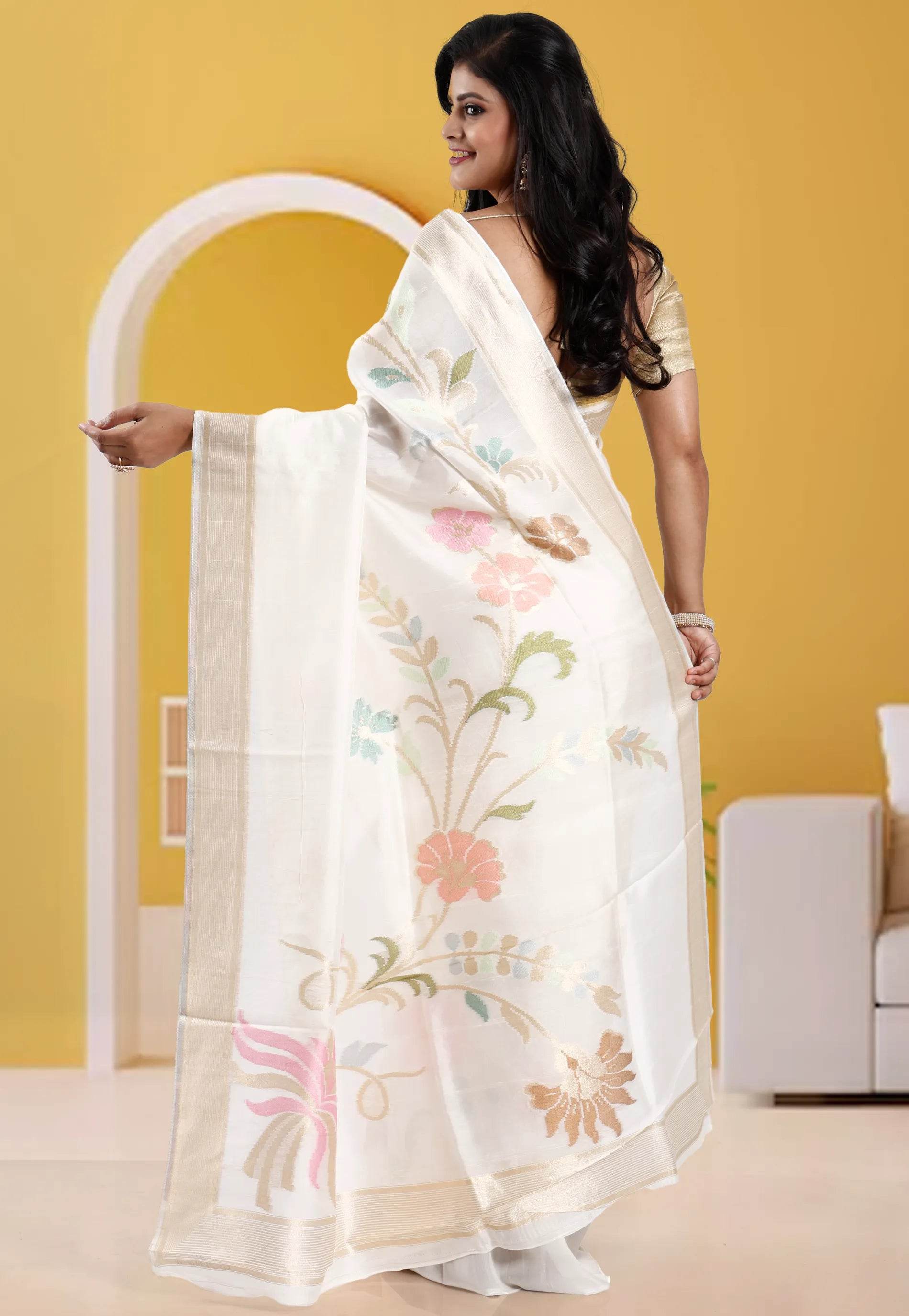 Off White Tussar Silk Saree with Blouse Piece - Adi Akshoy & Co.
