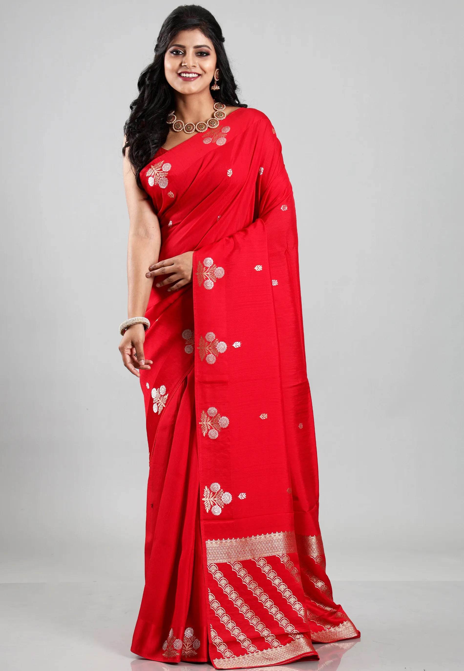 Red Katan Silk Saree With Blouse Piece - Adi Akshoy & Co.