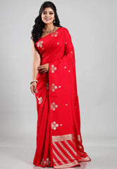 Red Katan Silk Saree With Blouse Piece - Adi Akshoy & Co.