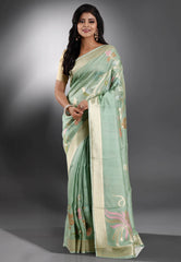 Sea Green Tussar Silk Saree with Blouse Piece - Adi Akshoy & Co.