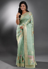 Sea Green Tussar Silk Saree with Blouse Piece - Adi Akshoy & Co.