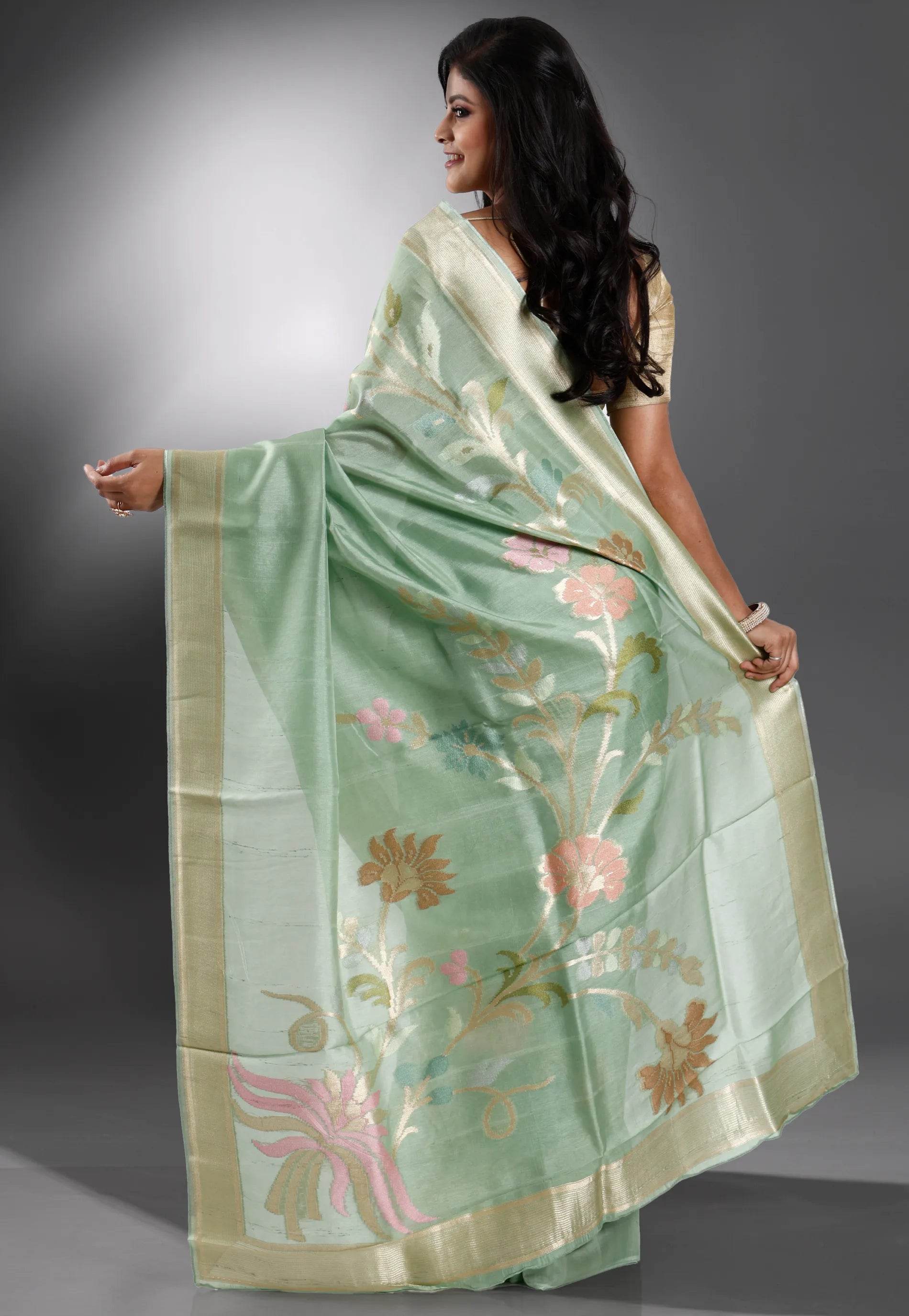Sea Green Tussar Silk Saree with Blouse Piece - Adi Akshoy & Co.