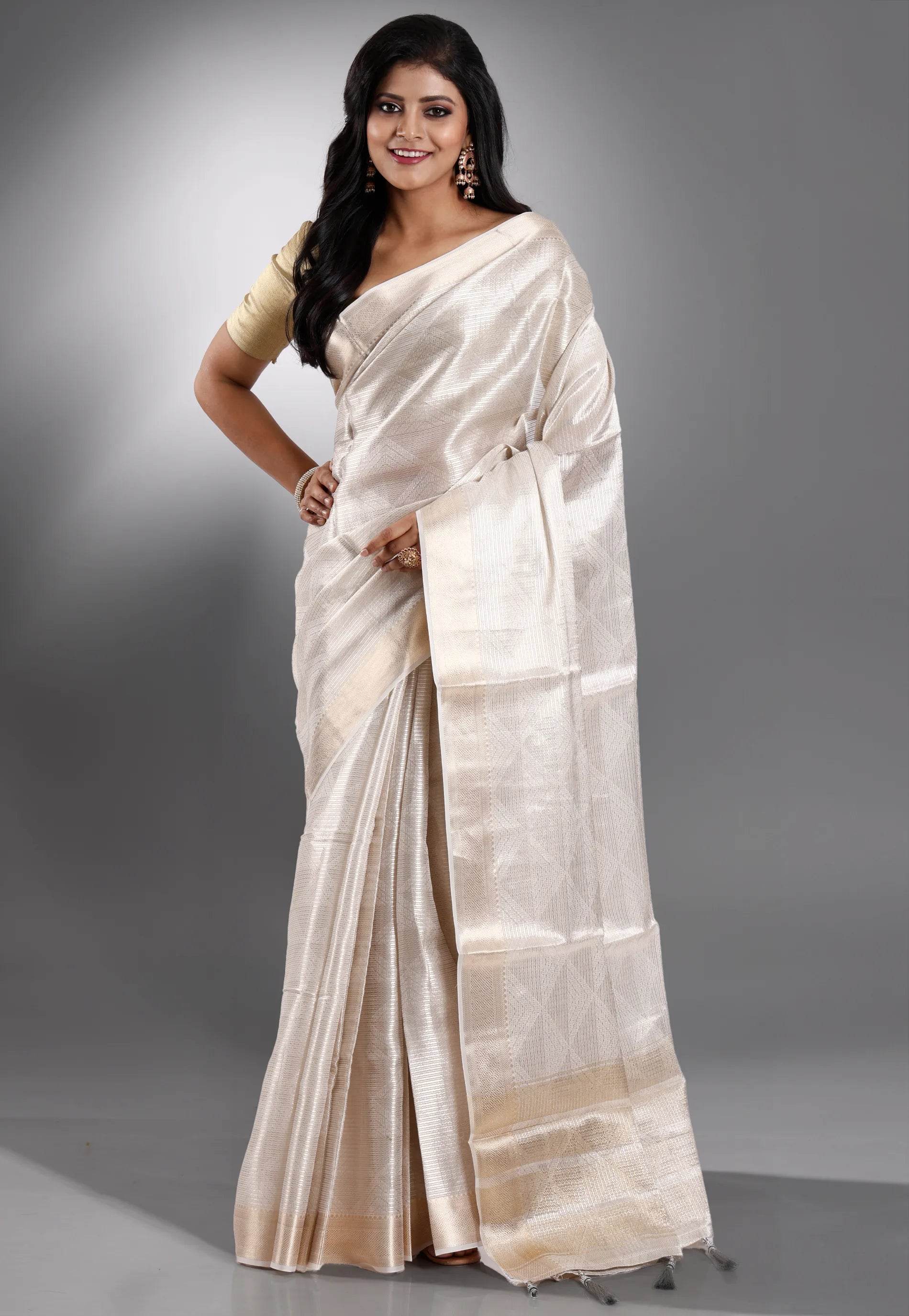 Ivory Tissue Silk Saree with Blouse Piece - Adi Akshoy & Co.