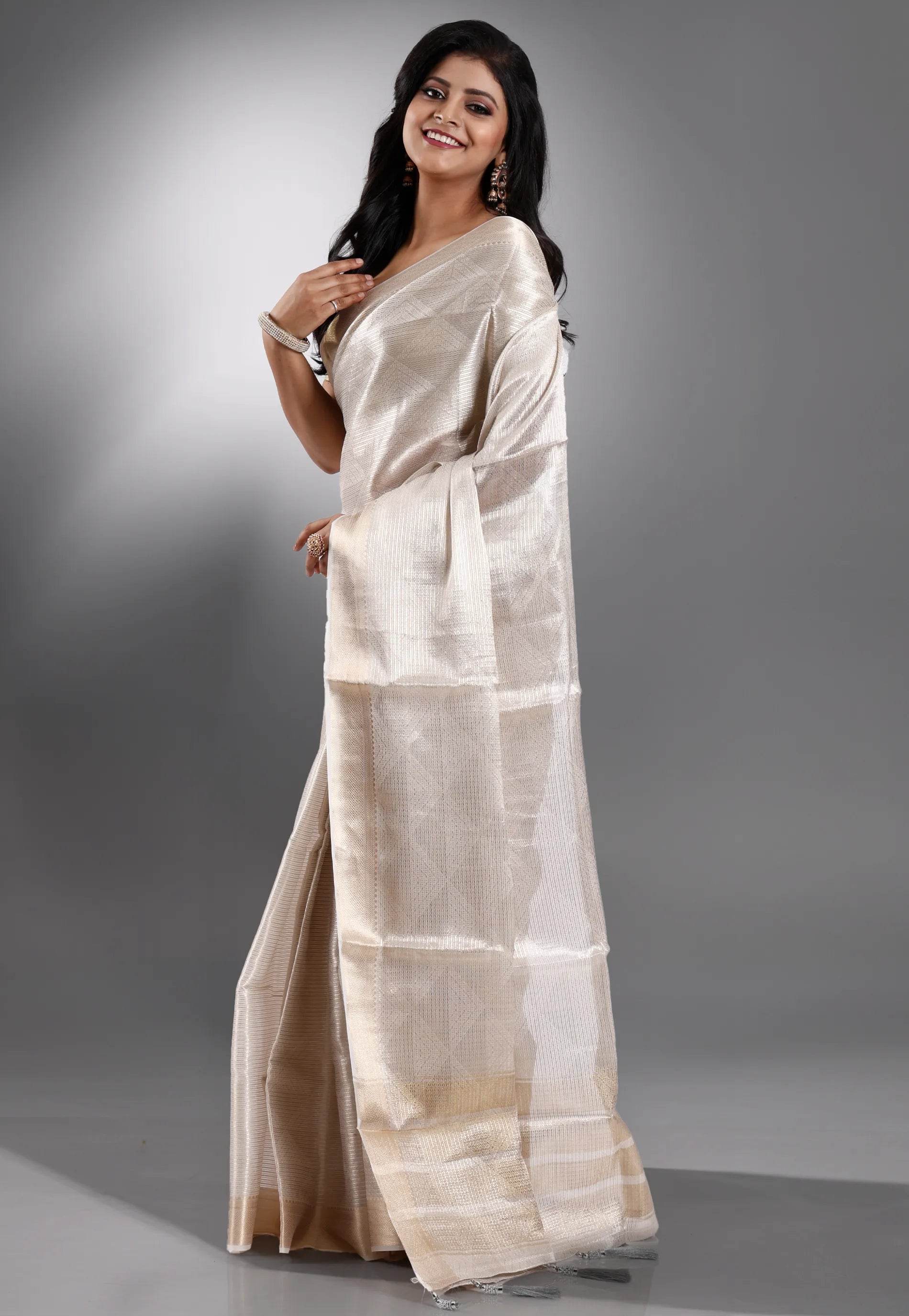Ivory Tissue Silk Saree with Blouse Piece - Adi Akshoy & Co.