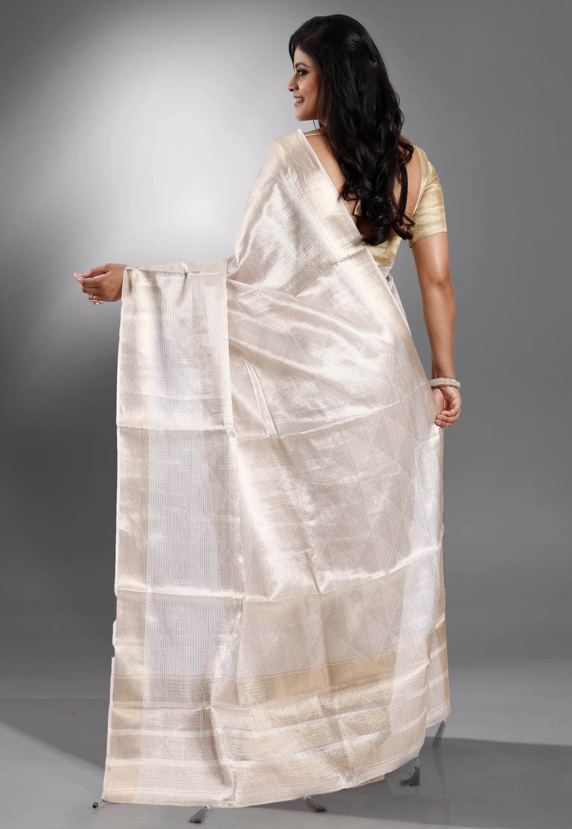 Ivory Tissue Silk Saree with Blouse Piece - Adi Akshoy & Co.