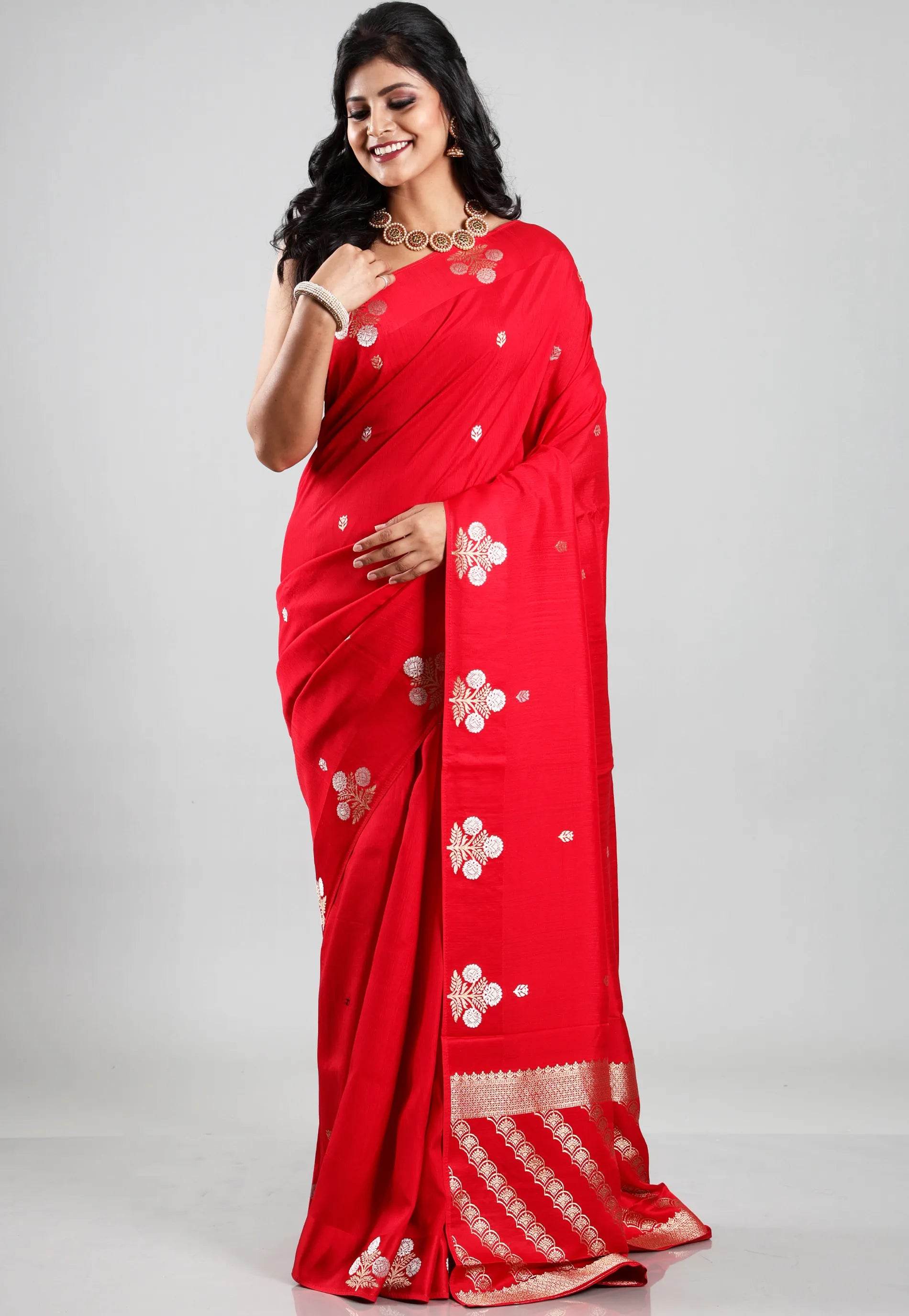 Red Katan Silk Saree With Blouse Piece - Adi Akshoy & Co.