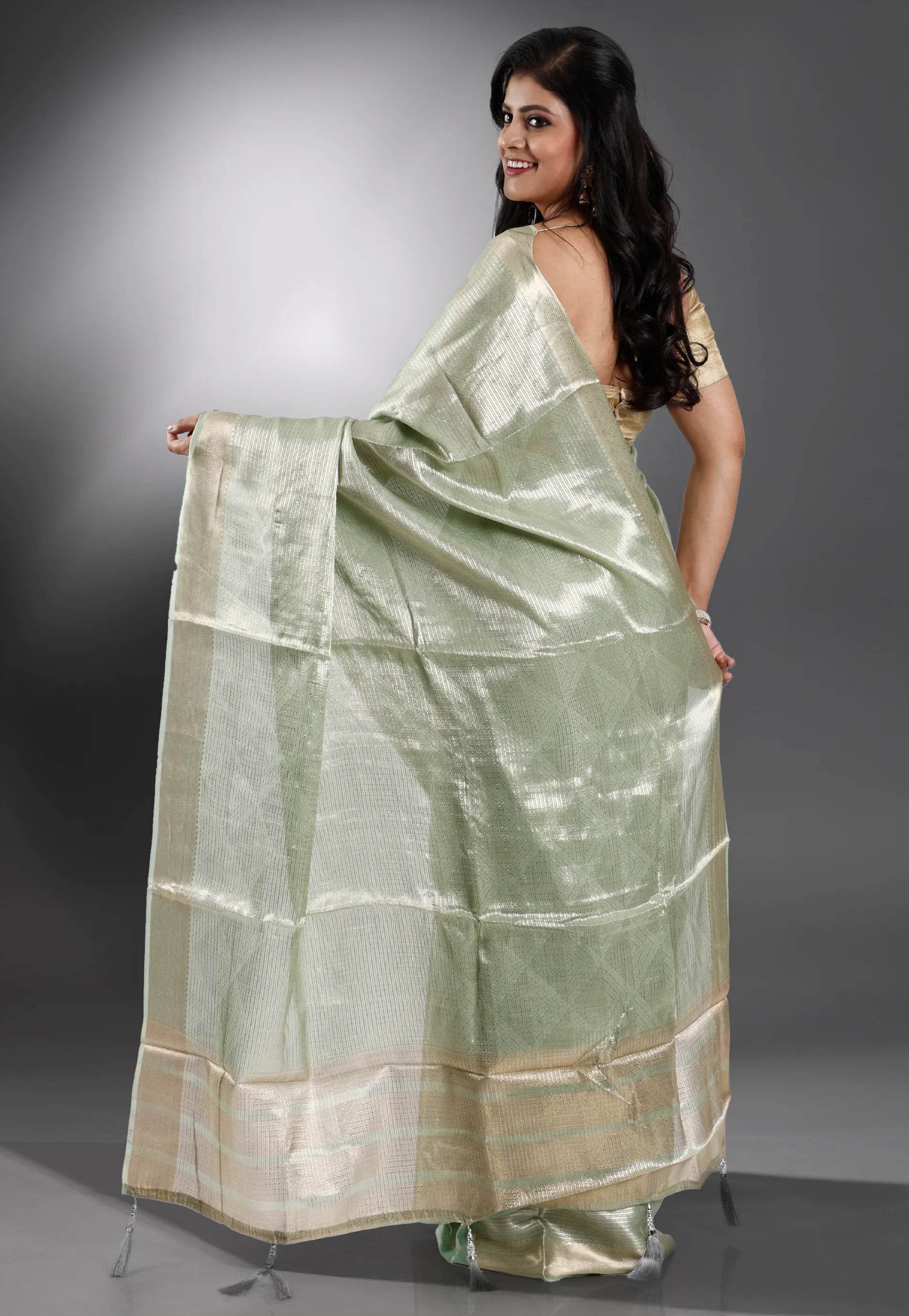 Pastel Green Tissue Silk Saree with Blouse Piece - Adi Akshoy & Co.