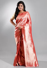 Red Brocade Tissue Kanjivaram Silk Saree With Blouse Piece - Adi Akshoy & Co.