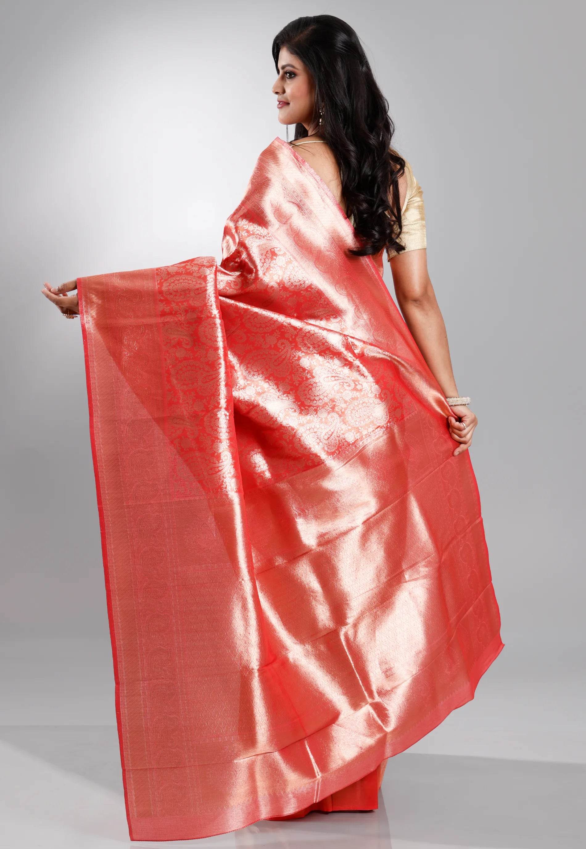 Red Brocade Tissue Kanjivaram Silk Saree With Blouse Piece - Adi Akshoy & Co.