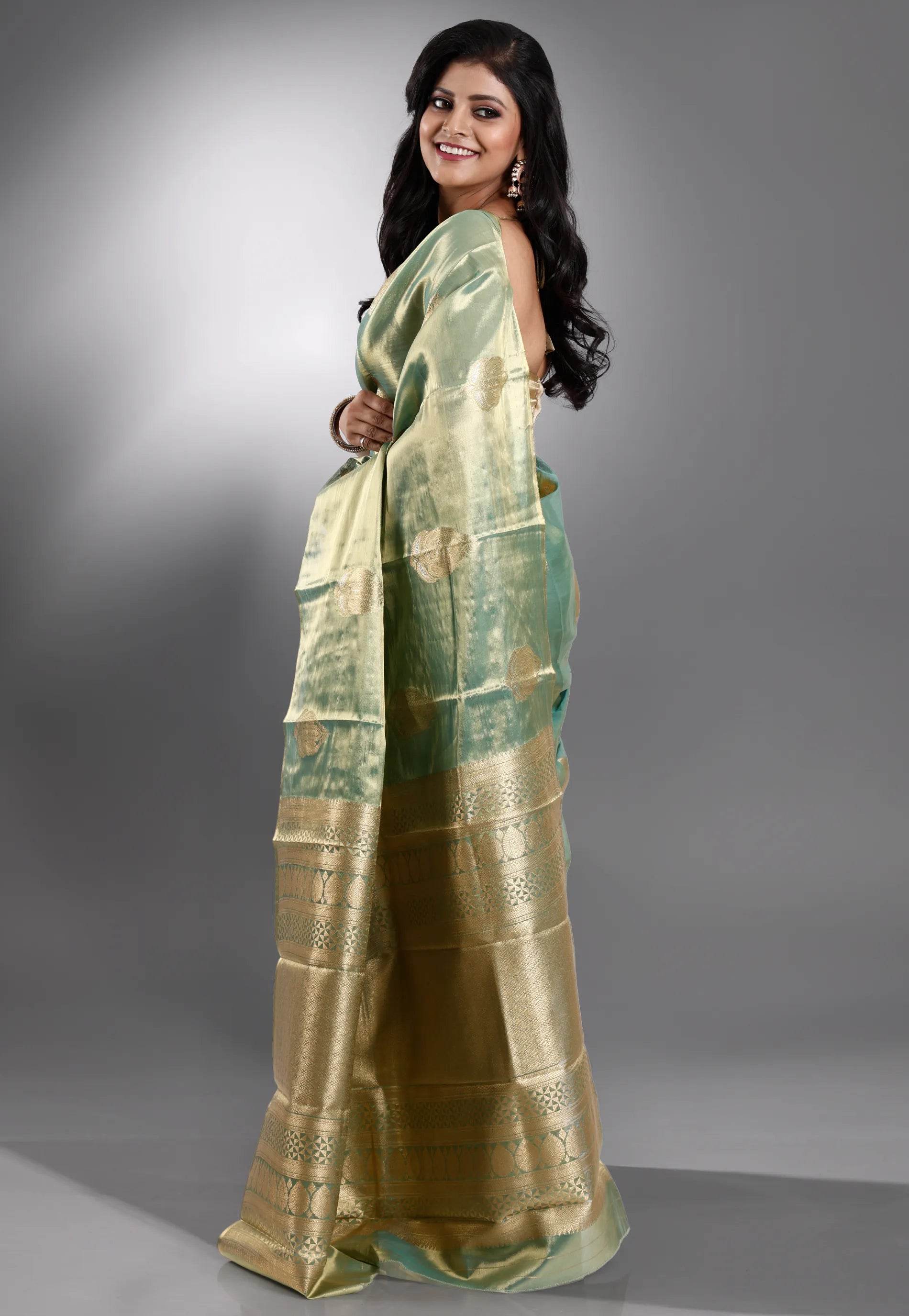 Green Tissue Kanjivaram Silk Saree With Blouse Piece - Adi Akshoy & Co.