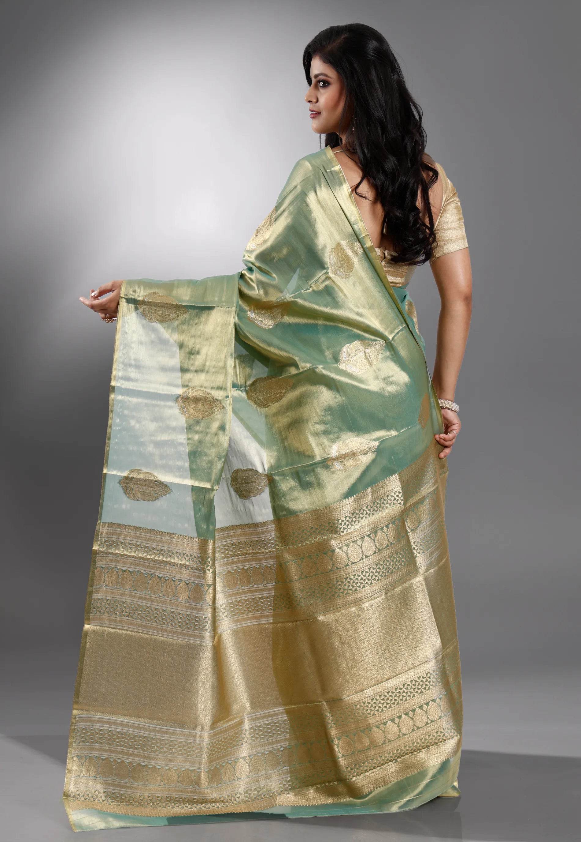 Green Tissue Kanjivaram Silk Saree With Blouse Piece - Adi Akshoy & Co.