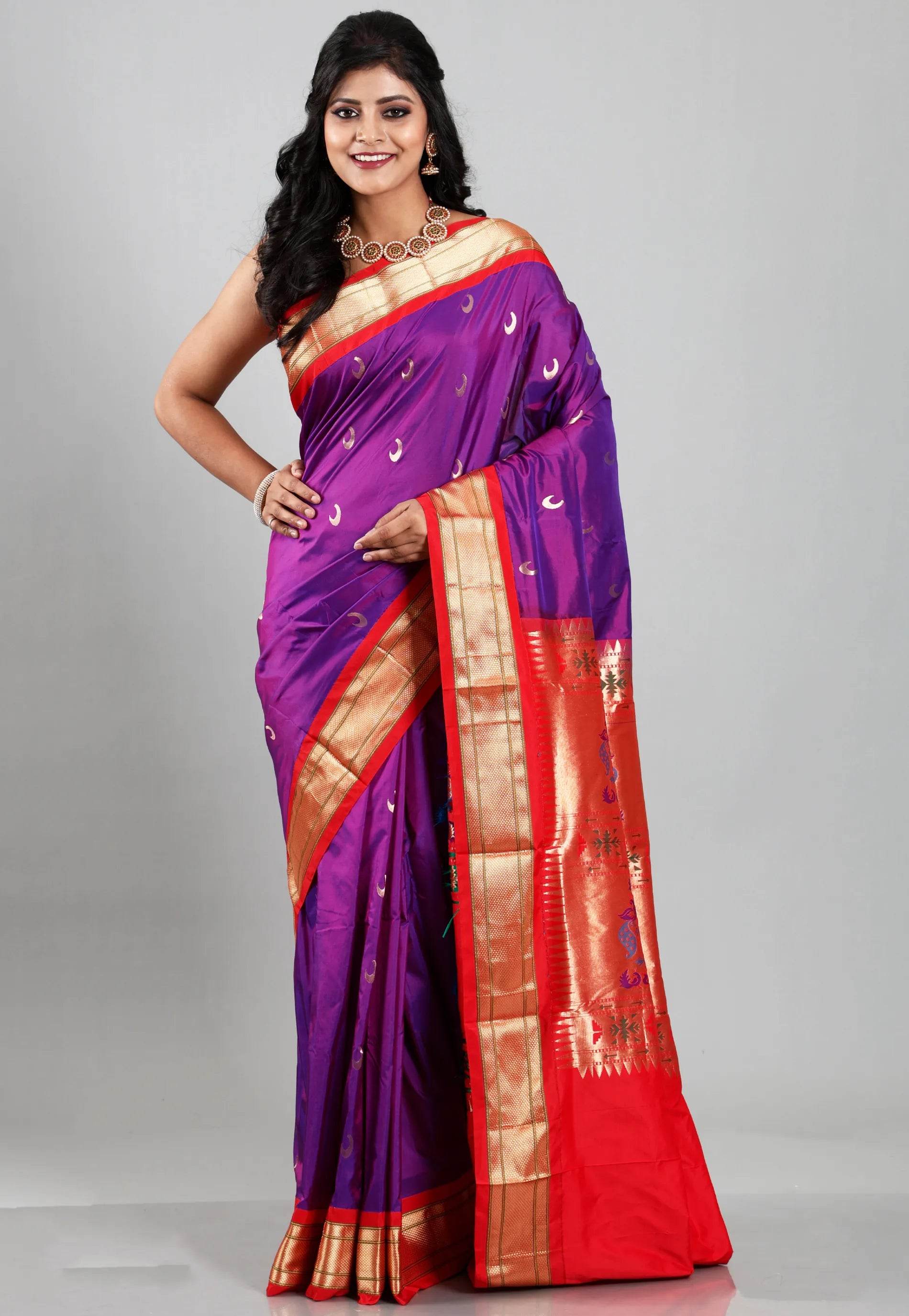 Purple with Red Border Paithani Pure Silk Saree With Blouse Piece - Adi Akshoy & Co.