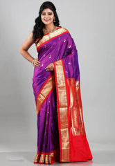 Purple with Red Border Paithani Pure Silk Saree With Blouse Piece - Adi Akshoy & Co.