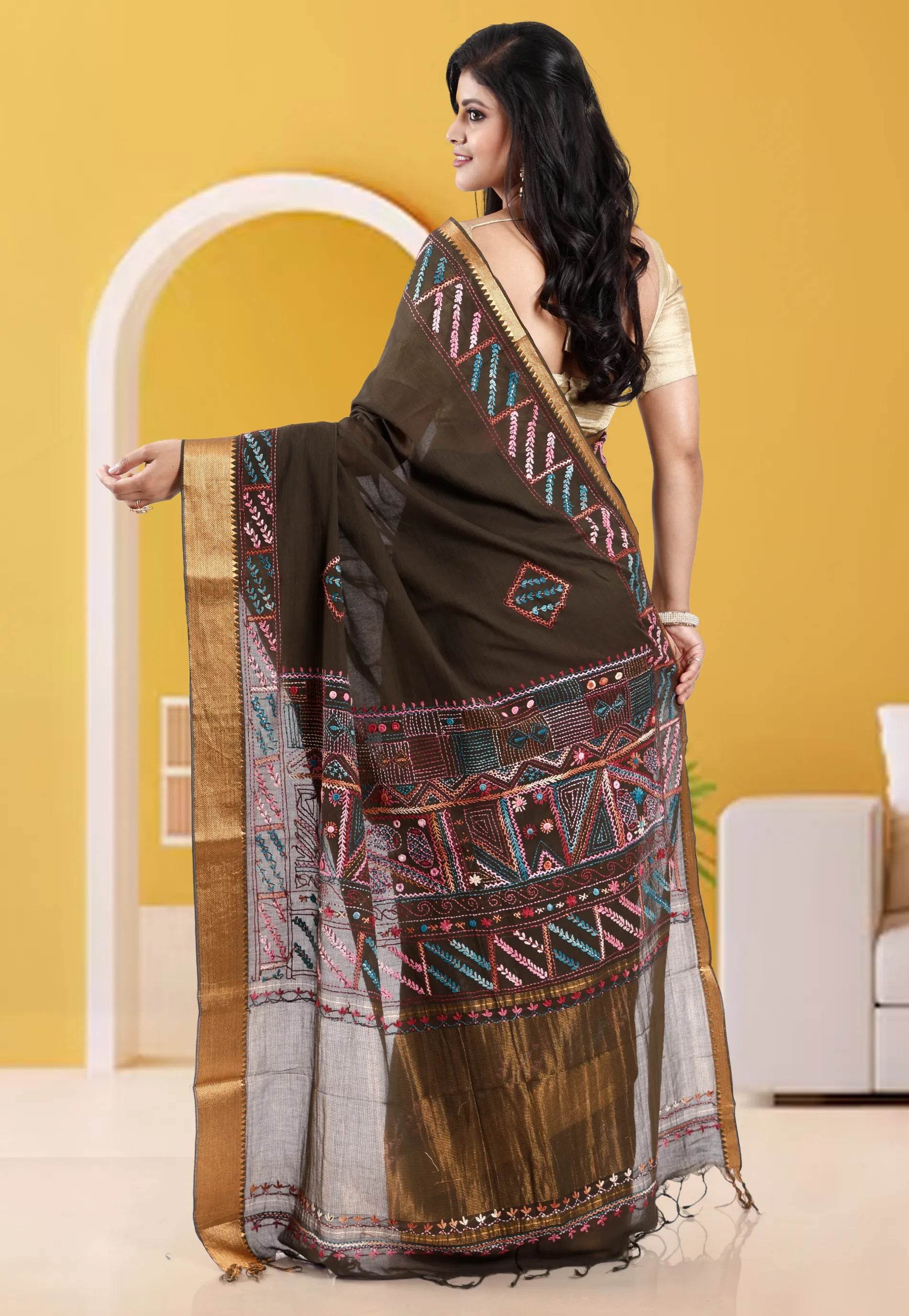 Deep pesta Green Mangalagiri Cotton Kantha Saree With Blouse Piece - Adi Akshoy & Co.