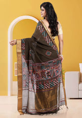 Deep pesta Green Mangalagiri Cotton Kantha Saree With Blouse Piece - Adi Akshoy & Co.