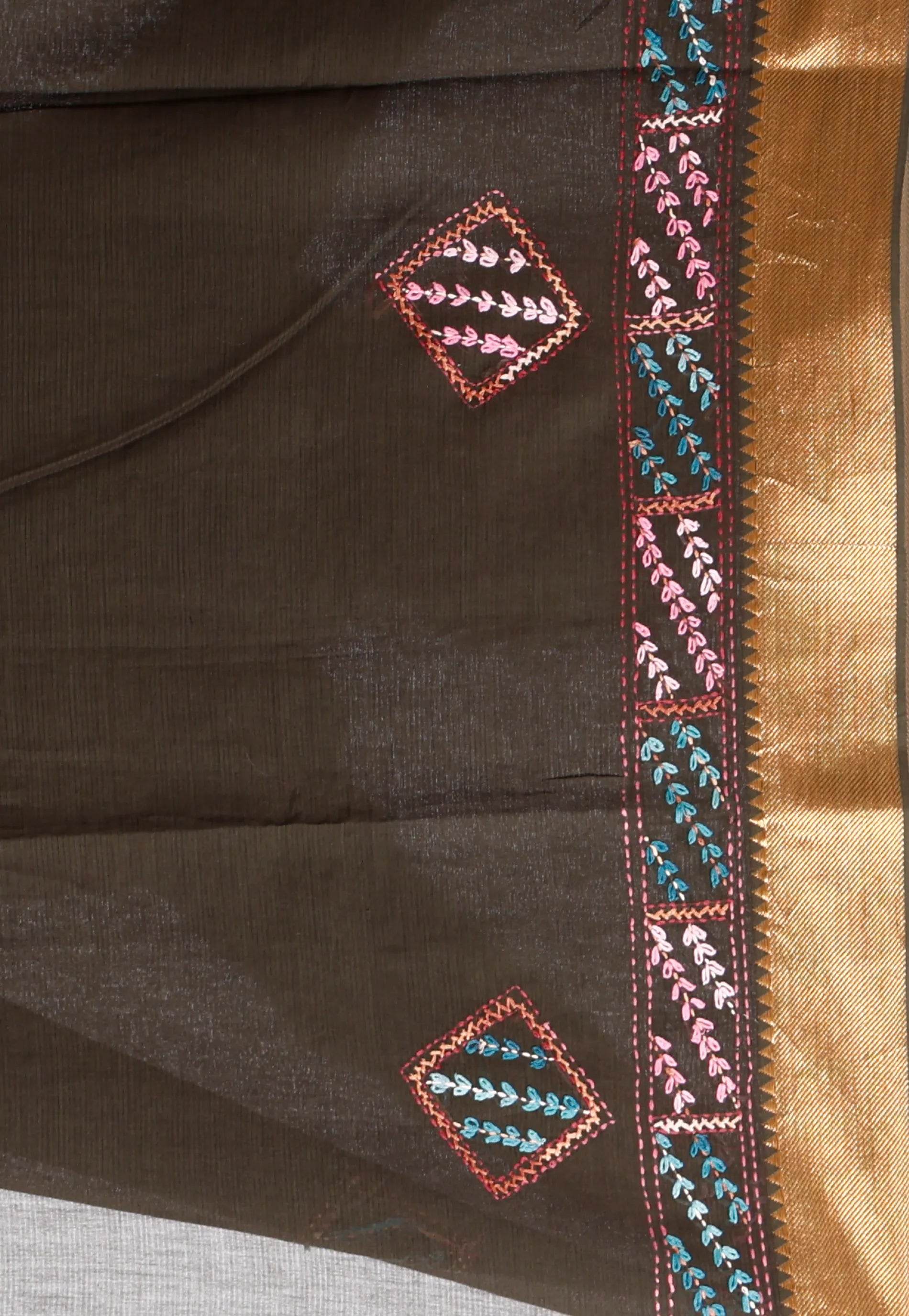 Deep pesta Green Mangalagiri Cotton Kantha Saree With Blouse Piece - Adi Akshoy & Co.