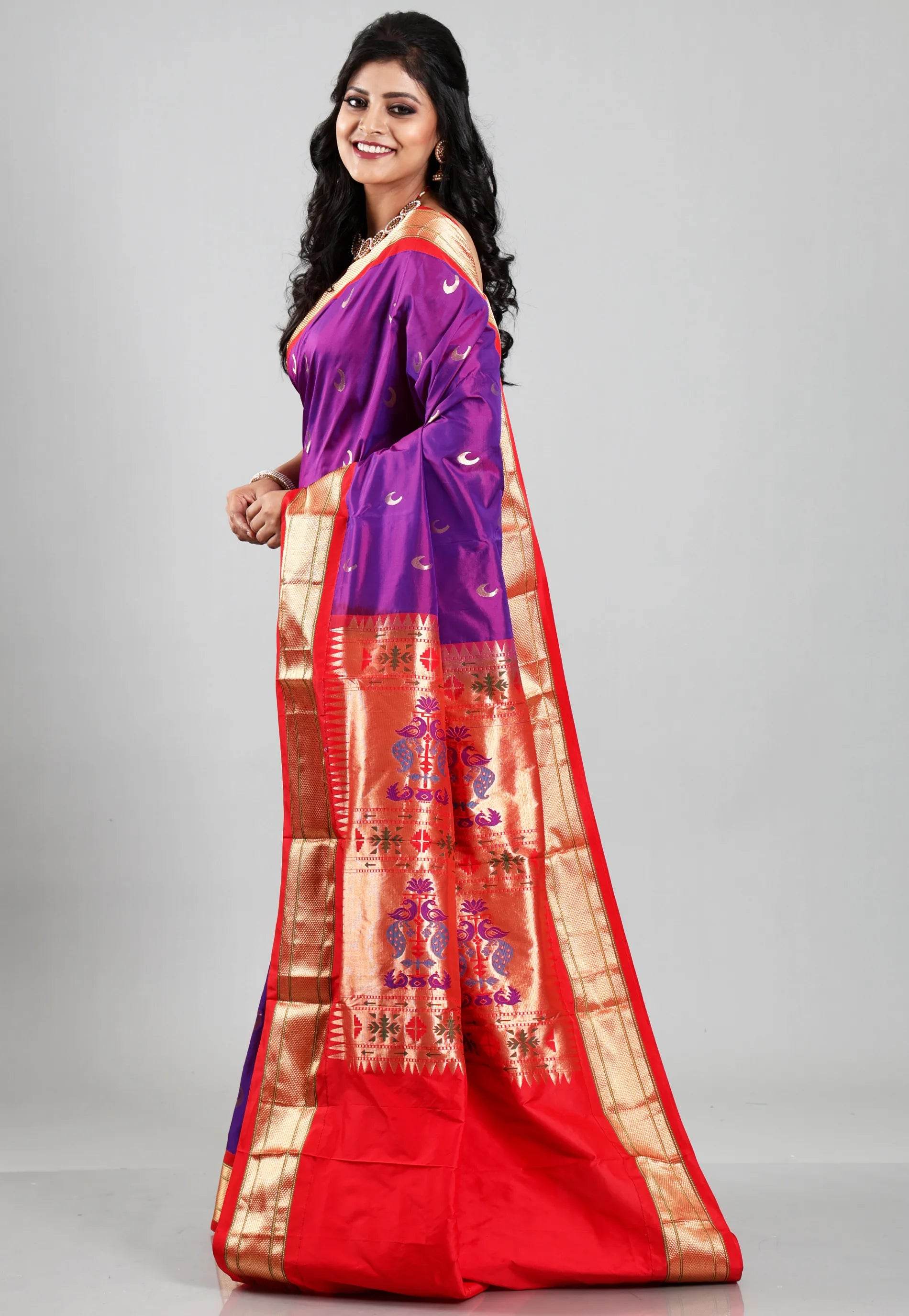 Purple with Red Border Paithani Pure Silk Saree With Blouse Piece - Adi Akshoy & Co.